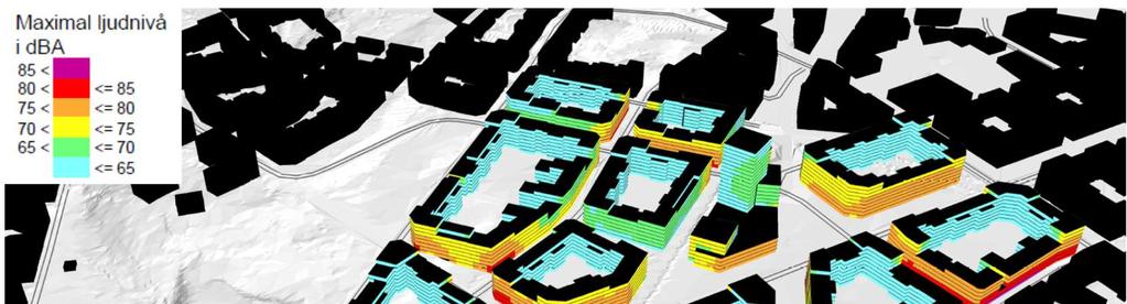 Figur 5 Maximal ljudnivå vid fasad, vy tagen från Sydväst