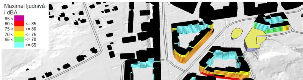 Figur 7 Maximal ljudnivå vid fasad, vy tagen från Nordöst Figur 8 Maximal ljudnivå vid fasad, vy tagen från Nordväst 2.5 