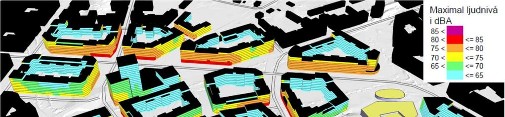 1 Högst 6 dba ekvivalent ljudnivå vid fasad Merparten av fasaderna klarar högst 6 dba vid fasad och riktvärden enligt förordningen (215:216 med ändring