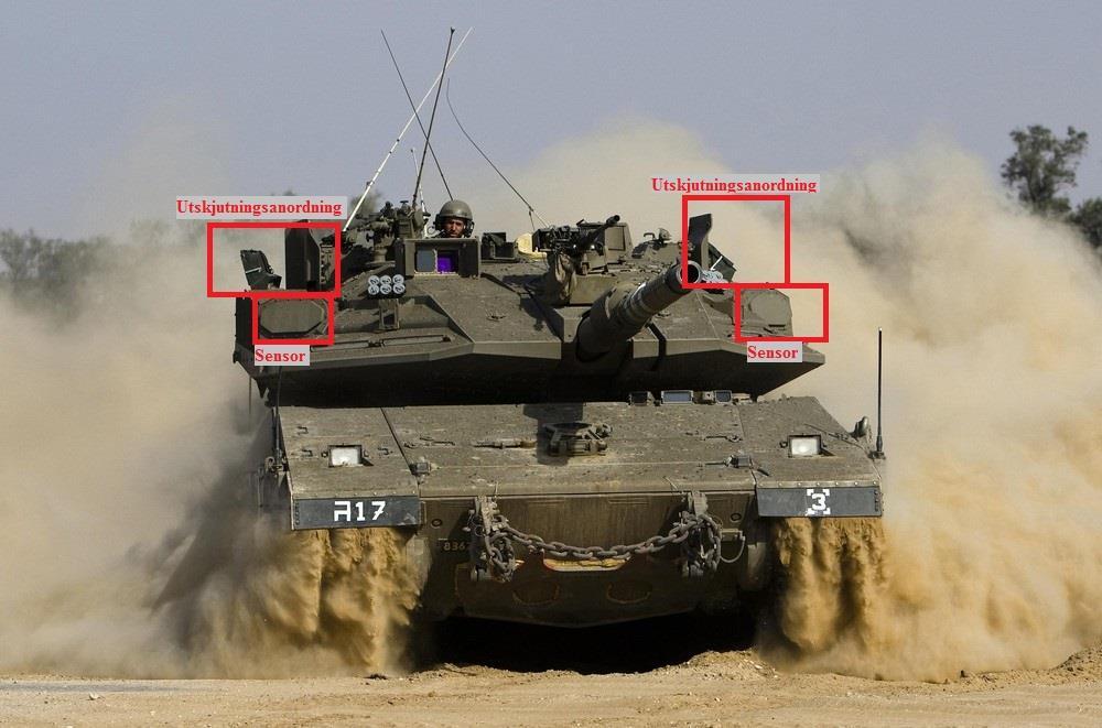 FÖRSVARSHÖGSKOLAN 2014-06-09 Sida 22 av 41 Figur 8. Trophy monterat på en Merkava IV stridsvagn sedd framifrån. 45 4.