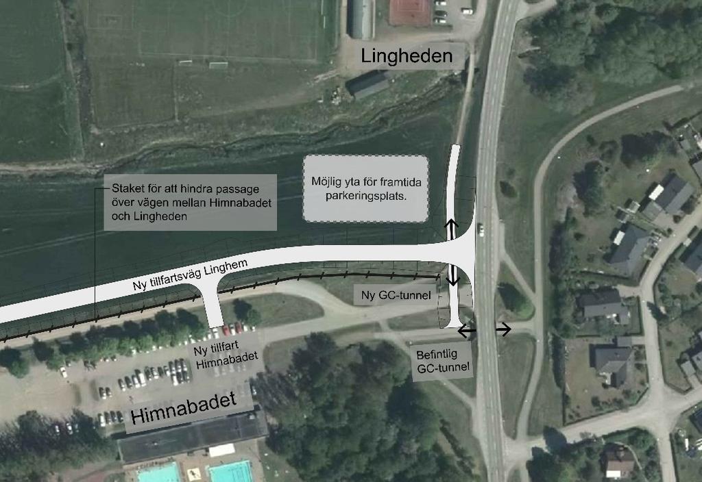 Figur 5. Flygfoto med ungefärliga sträckningar och förslag till åtgärder som ingår i Trafikverkets vägplan för nya tillfartsväg till Linghem.