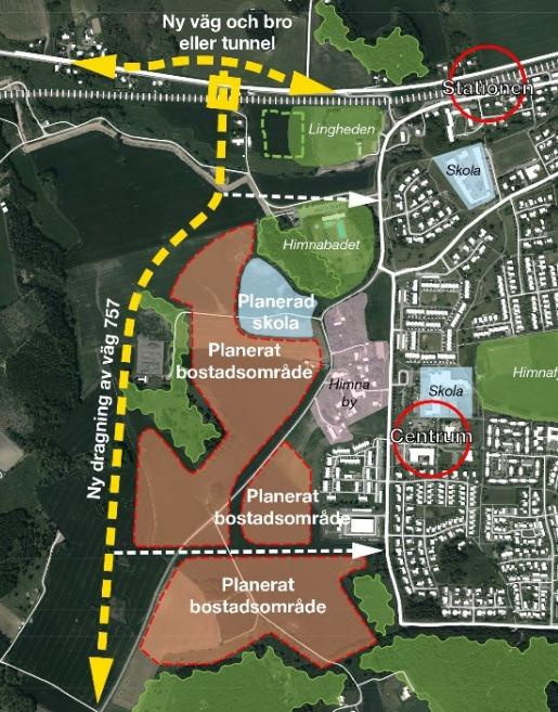 Utdrag ur Fördjupning av Översiktsplan för Linghem från år 2011. B: Bostäder, S: Skola, M: Mottagningsstation för el, V: Verksamhetsområde. Svart streckad linje: Ny avfart och väg 757. Figur 2.