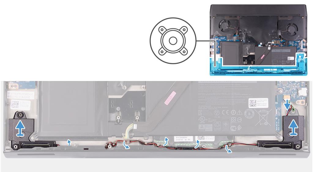 1. Koppla bort högtalarkabeln från det högra I/O-kortet. 2. Lyft bort den högra högtalaren från enheten med handledsstödet. 3. Ta bort högtalarkablarna från kabelhållarna på handledsstödet. 4.