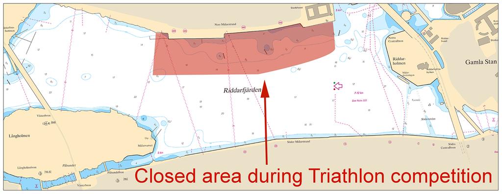 2019-08-08 3 Nr 767 TILLKÄNNAGIVANDEN * 14111 (T) Sjökort: 6141, 6142 Stockholm. Norra Riddarfjärden. Triathlon. Avlyst område 25 augusti. Tid: 25 augusti, 0500-1500.