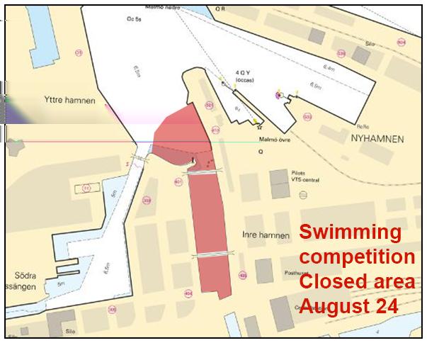 Bsp Mälaren - Hjälmaren 2016/s51, Bsp Stockholm M 2018/s10 Riddarfjärden Länsstyrelsen Stockholm. Publ. 8 augusti 2019 * 14130 (T) Sjökort: 8141, 921, 9211 Malmö hamn. Avlyst område. Simtävling.