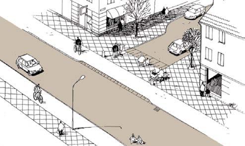 KORSNINGSPUNKTER Gående och cyklister ska ha företräde i korsningspunkter. Korsningspunkterna ska vara hastighetssäkrade med väjningsplikt för biltrafiken.