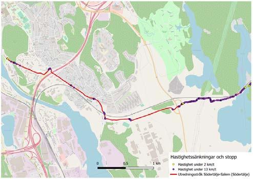 Kartan nedan visar platser längs med stråkets sträckning där hastigheten understiger 12 km/ tim respektive 2 km/tim.