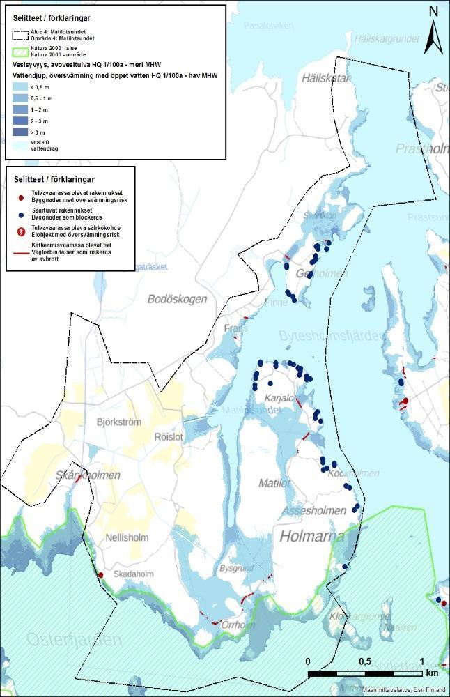 Översvämningsrisken för elinfrastrukturen i område 4 är också mycket beroende av havsvattnets återkomsttid vid översvämning. Vid en vanlig översvämning HQ 1/5a MW blir inte ett endast objekt vått.
