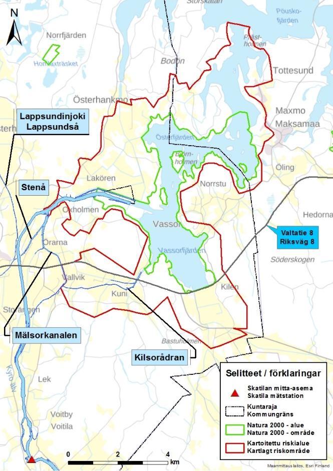 sakligen till invånarna, byggnadsbeståndet, nödvändighetstjänsterna och miljön. Det kartlagda riskområdet presenteras i figur 2.