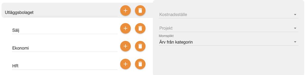 Ska kostnadsstället vara förvalt på avdelningen så måste avdelningarna läggas upp. Detta görs under Min organisation och Avdelningsstruktur.