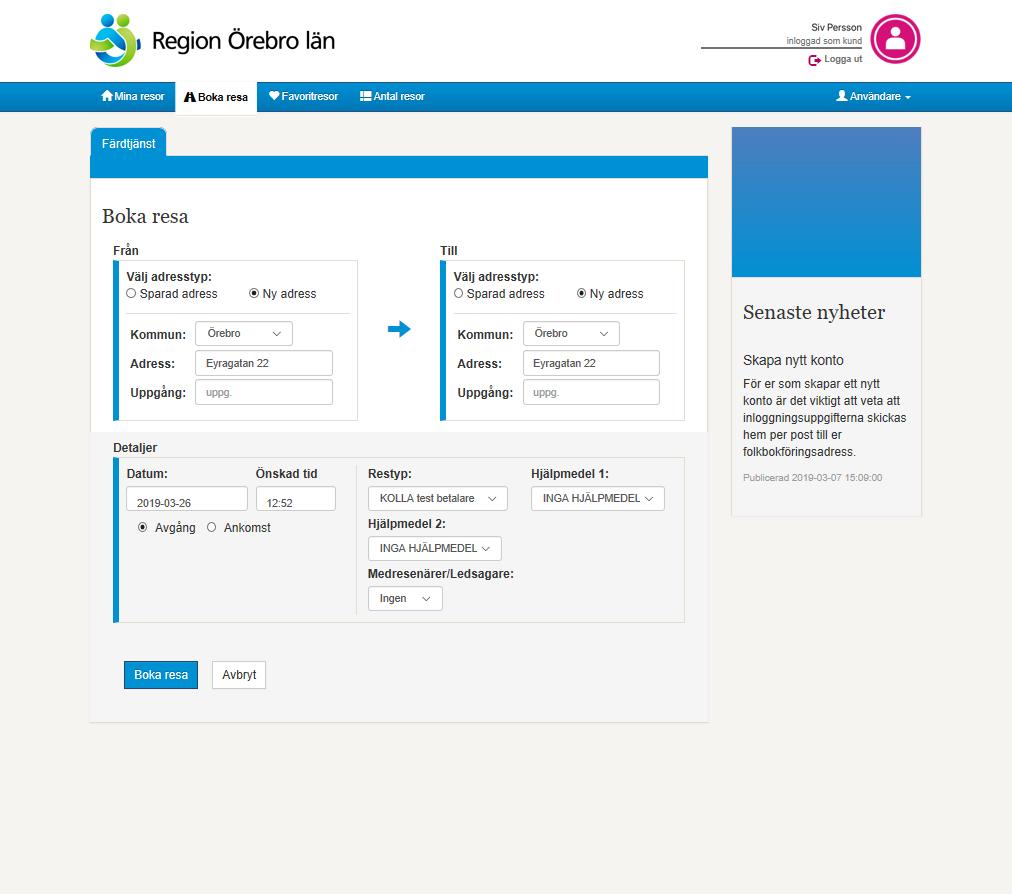 WEBBTJÄNSTEN serviceresor.regionorebrolan.se Boka resa För att boka resa klicka du på BOKA RESA i menyn. Fyll i adress som du ska åka ifrån. Fyll i adress som du ska åka till.