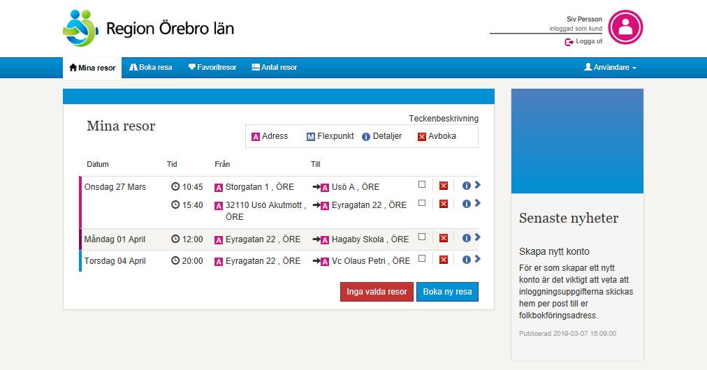WEBBTJÄNSTEN serviceresor.regionorebrolan.se Mina resor Här ser du dina bokade resor Avboka resa Om du vill avboka en bokad resa så klickar du på den röda knappen och resan tas bort från listan.