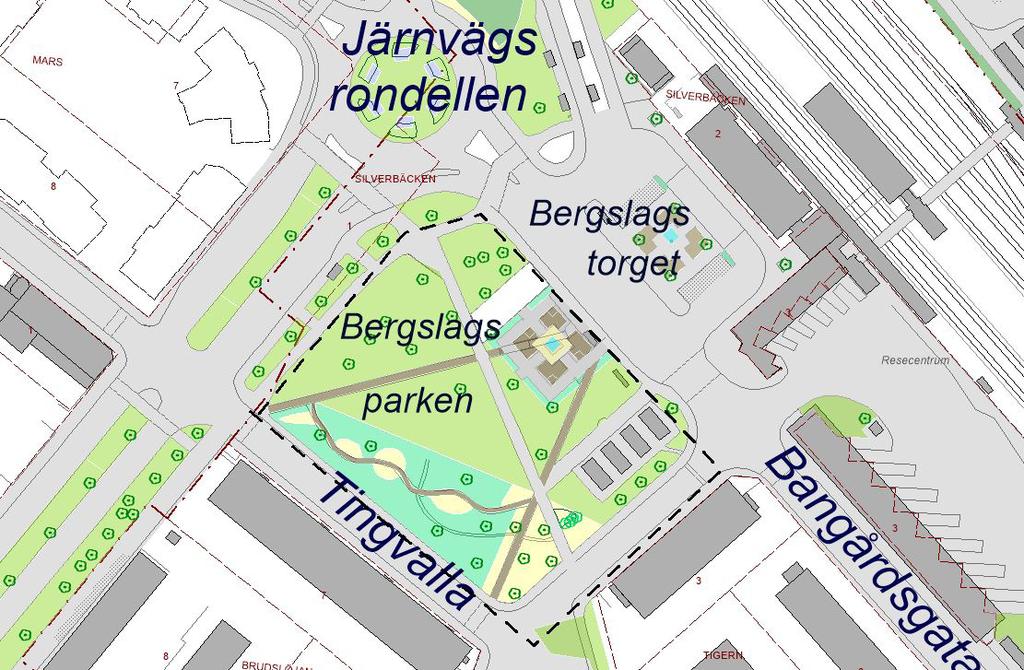 PLANDATA Lägesbestämning, areal, avgränsning och markägoförhållanden Bergslagsparken ligger i stadsdelen Tingvalla i direkt anslutning till resecentrum och Bergslagstorget.