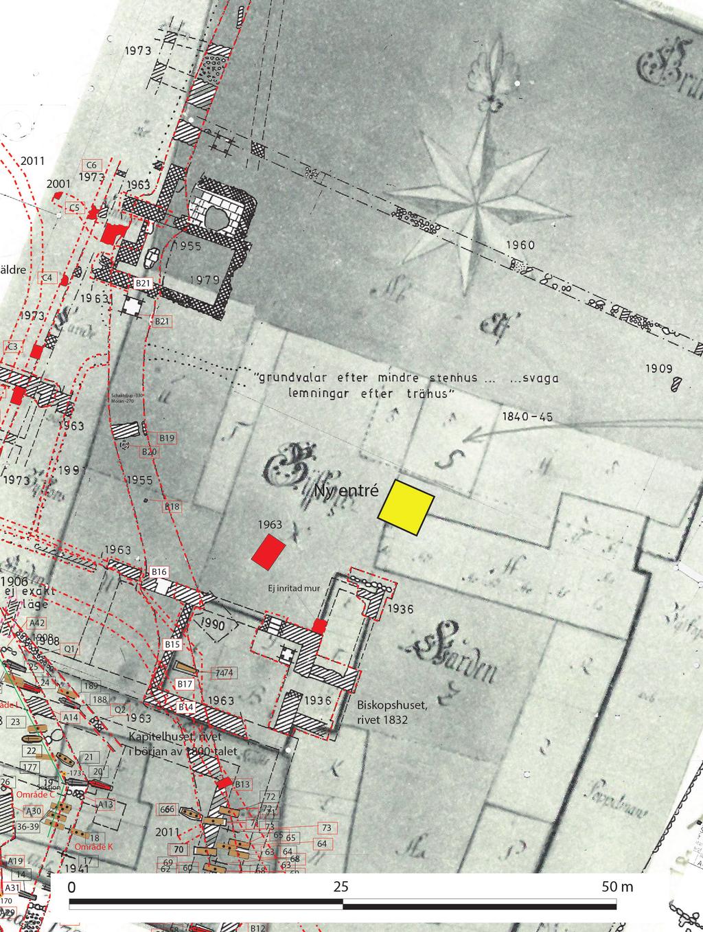 Bilaga 3. Karta Arkeologiska Generalkartan med 1724 års karta visande ungefärliga läget för den rivna biskopsgården (A). Kartan tycks innehålla en del vinkelfel.