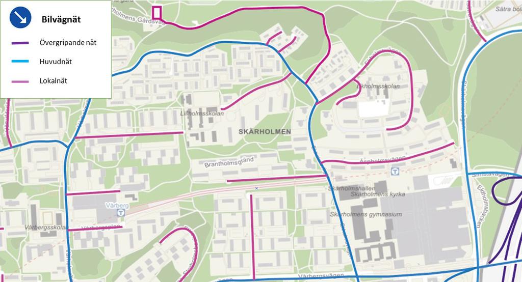 Kortaste gångvägen (ca 650 meter) till Skärholmens centrum och tunnelbanan från mitten på planområdet är via Ekholmsskolan på höjden söder om planområdet.