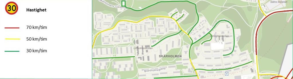 2.4 Hastighet och trafikflöden 2.4.1 Hastigheter På huvudgator i Skärholmen är hastigheten generellt reglerad till 50 km/h, men på sträckor förbi skolor och övergångsställen med höga gångtrafikflöden