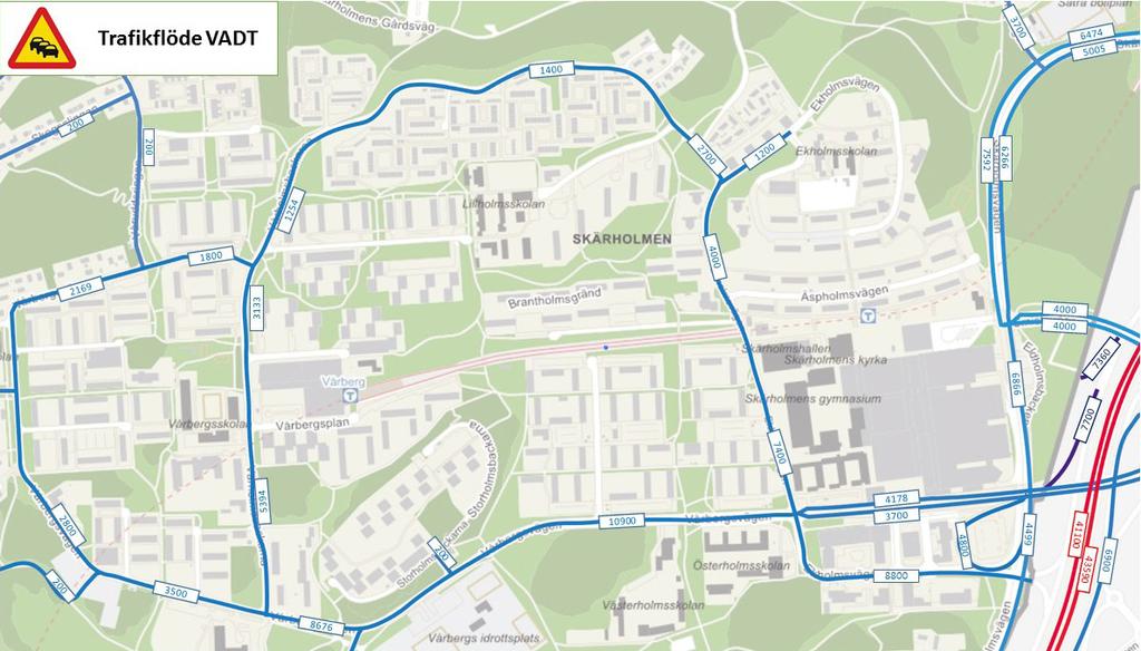 Se figur 18 för framtida trafikflöden i planerat bilvägnät.