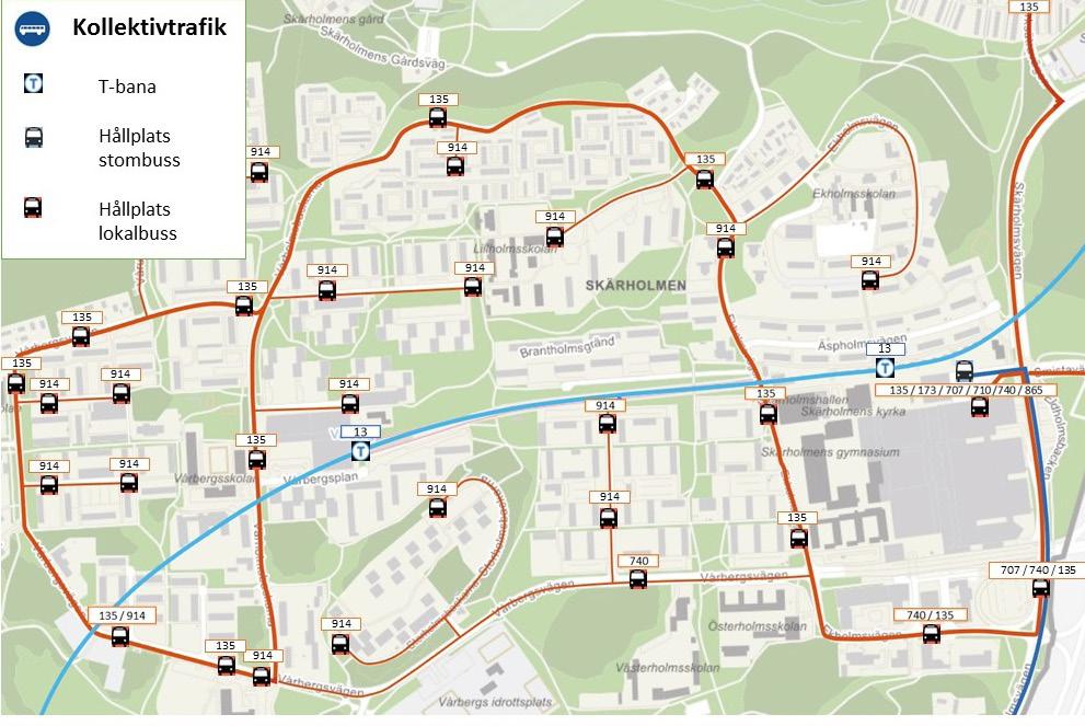 2. 2 Kollektivtrafik Skärholmens centrum är en regional busshållplats och där trafikerar även tunnelbanas röda linje mellan Norsborg och Ropsten. Övriga tunnelbanestationer i närområdet är Vårberg.