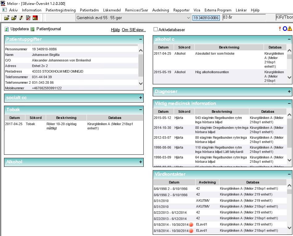 2 Patientöversikten Patientöversikten innehåller patientens vårdkontakter samt informationen hämtad från sökord i Meliorjournalen exempelvis diagnoskoder, varningar, anamnesuppgifter mm.