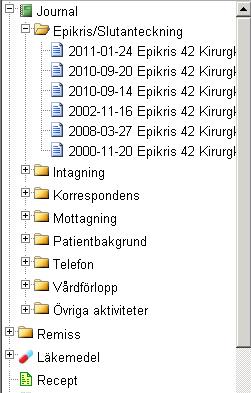 Tips Kryssrutorna som styr strukturen i trädet kan användas som en filtreringsfunktion för att söka fram och läsa specifik information, tex alla epikriser för att få en snabb bild av patientens