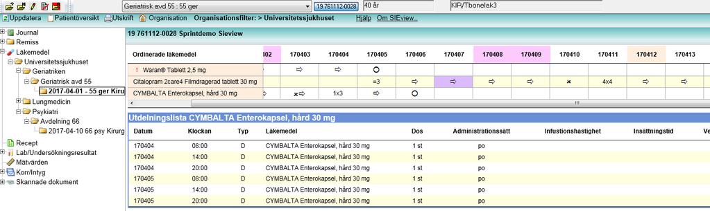 Ordinationer som saknar vårdkontakt visas vid klick på rotnoden, oavsett filtrering. Vid markering på en vårdkontaktsmapp visas en annan vy än vid markering av överliggande nod/er.