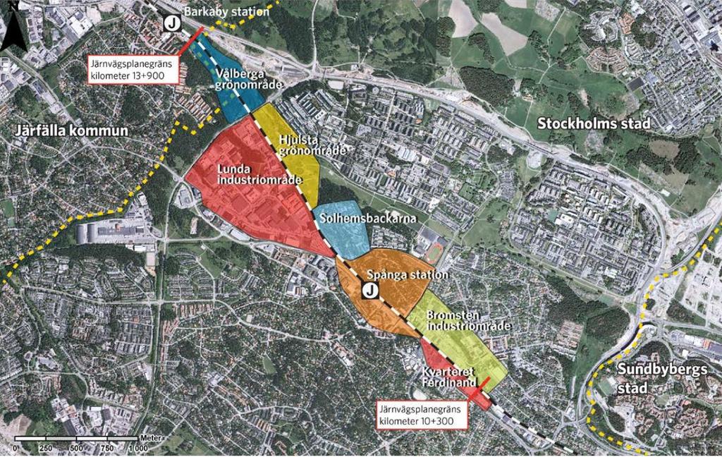 Sida 6 (18) 4 MÄLARBANAN STRÄCKAN SPÅNGA-BARKARBY omfattar en utbyggnad av järnvägen från två till fyra spår mellan Tomteboda och Kallhäll.