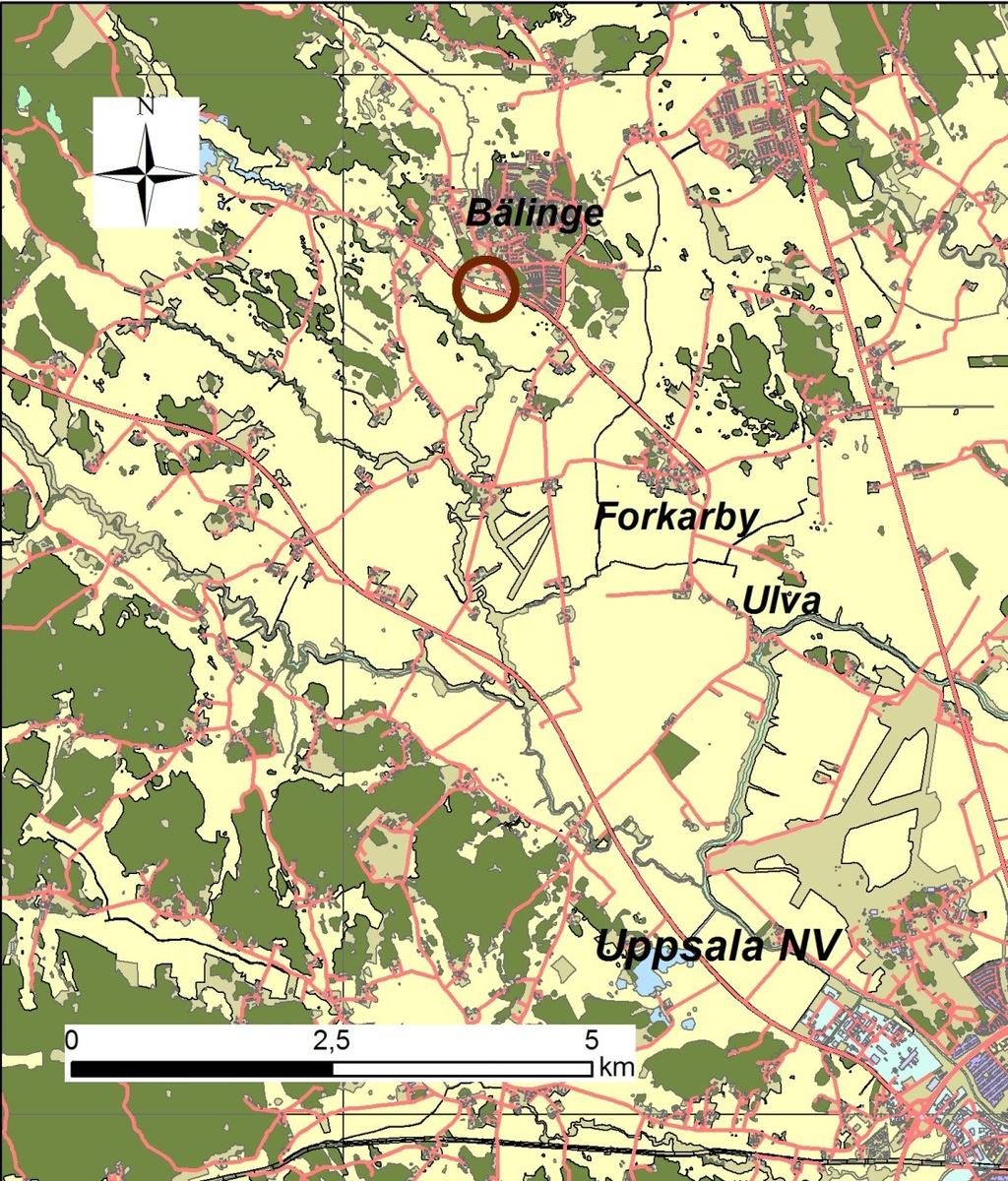 Inledning Upplandsmuseet har under perioden 16-23 juni år 2014 genomfört en arkeologisk förundersökning i form av en schaktningsövervakning intill Bälinge samhälle i Uppsala kommun (fig 1).