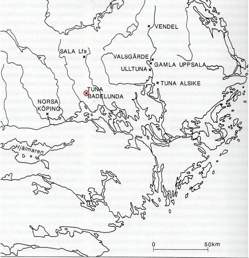 Figur 3: Båtgravfälten i Mälardalen som visar hur gravfälten med båtgravar var fördelade (Baseras på en bild från Nylén & Schönbäck 1994b: 154).