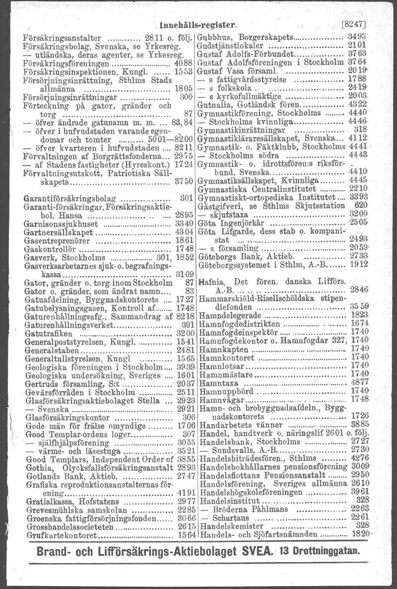 Gutnalia, l' Innehålls-register. [82'17J il Försäkringsanstalter " ". 2811 o. följ. Gubbhus. Borg-erskapets...... :.i..;..;:3495. F,örsäkringsbolag, Svenska, se Yrkesreg. Gudstjänstlokaler :.