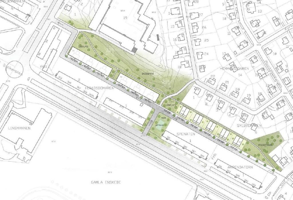 Sida 9 (11) Situationsplan över förslaget som staden valde att gå vidare med till markanvisning (Åke Sundvall/Tham & Videgård). Föreslaget planområdet är grovt markerat med röd streckad linje.