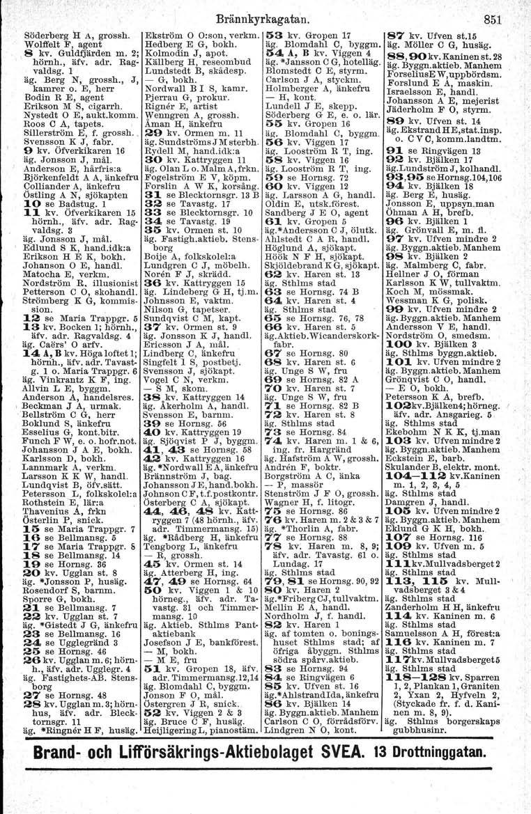 Söderberg II A, grossh. Wolffelt F, agent 8 kv. Guldfjärden m. 2; hörnh., äfv. adr. Ragvaldsg. l äg. Berg N, grossh., J, kamrer o. E, herr Bodin R E, agent Erikson 1\'1S, cigarrh. Nystedt O E, aukt.