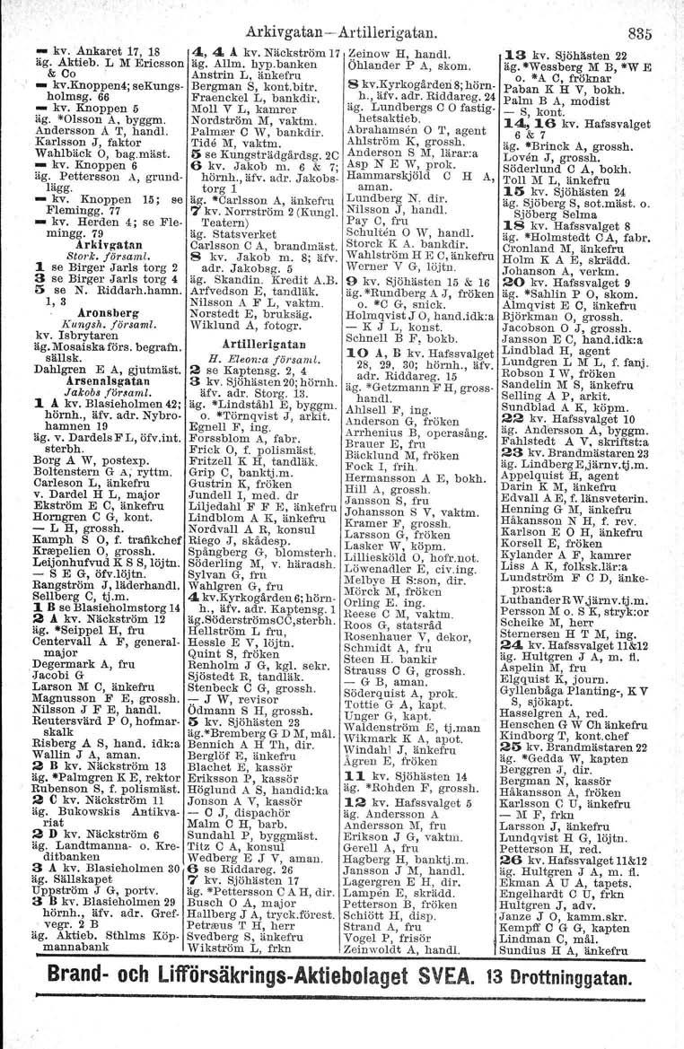 - kv. Ankaret 17, 18 äg. Aktieb, L M Ericsson & Co - kv.knoppen4; sekungs holmsg. 66 - kv. Knoppen 5 äg. "Olsson A, byggm. Andersson AT, handl. Karlsson J, faktor Wahlbäck 0, bag.mäst, - kv.