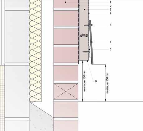 Installering av 1:a plankan 1. Tegel/murverk 2. Ventilerat vattenfast membran 3. Impregnerad träregel 4. EPDM 5.