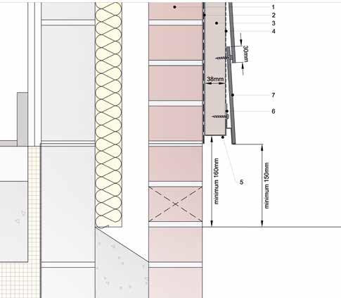 Installering av 2:a plankan+ 1. Tegel/murverk 2. Ventilerat vattenfast membran 3. Impregnerad träregel 4. EPDM 5.