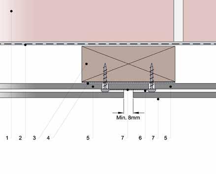 fig. 32 Planvy för överlappad planka 1. Tegel/murverk 2. Ventilerat vattenfast membran 3. Impregnerad träregel 4. EPDM 5. VIVIX Lap planka 6.