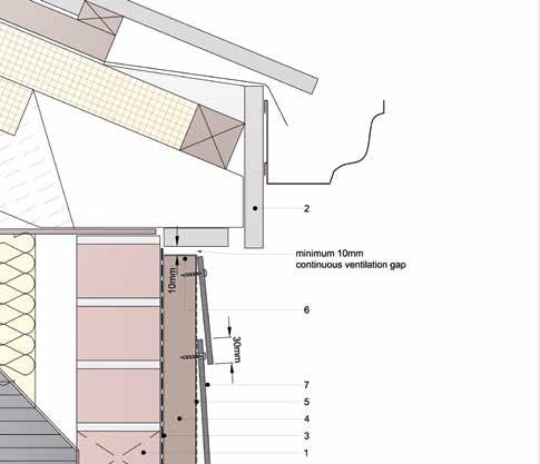Installering av 2:a plankan+ Min. 10 mm sammanhängande ventilationsmellanrum 1. Tegel/murverk 2. Existerande takfot och takfotsbräda 3.