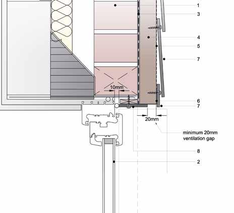 3 Minst 20 mm mellanrum för ventilation 1. Tegel/murverk 2. Nytt fönster med förlängt droppbleck 3. Ventilerat vattenfast membran 4.