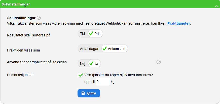 Sökinställningar Resultatet skall sorteras på Här väljer du om sökresultatet ska sorteras på pris eller leveranstid.