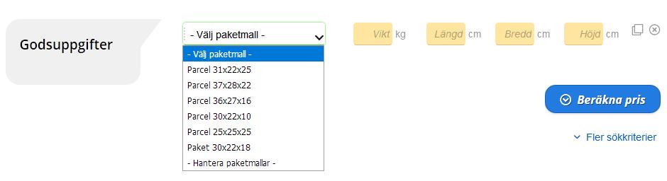 Paketmallar Använd paketmallar för att spara tid genom att återanvända dimensionerna för era vanligaste paketstorlekar. Paketmallarna finns tillgängliga som snabbval vid fraktinmatningen.