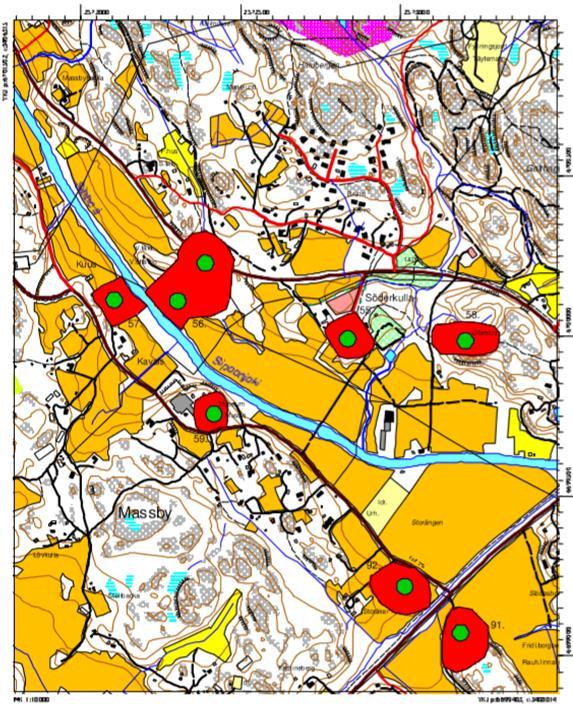 Bild 5. Inventering av historiska fornlämningar i Sibbo 2007 V.P. Suhonen 1. 2. 3 4. 2. På bilden utmärkta Stor-Massby 1. (Massby kungsladugård och Tegelbrukstomten), Lill-Massby 2.