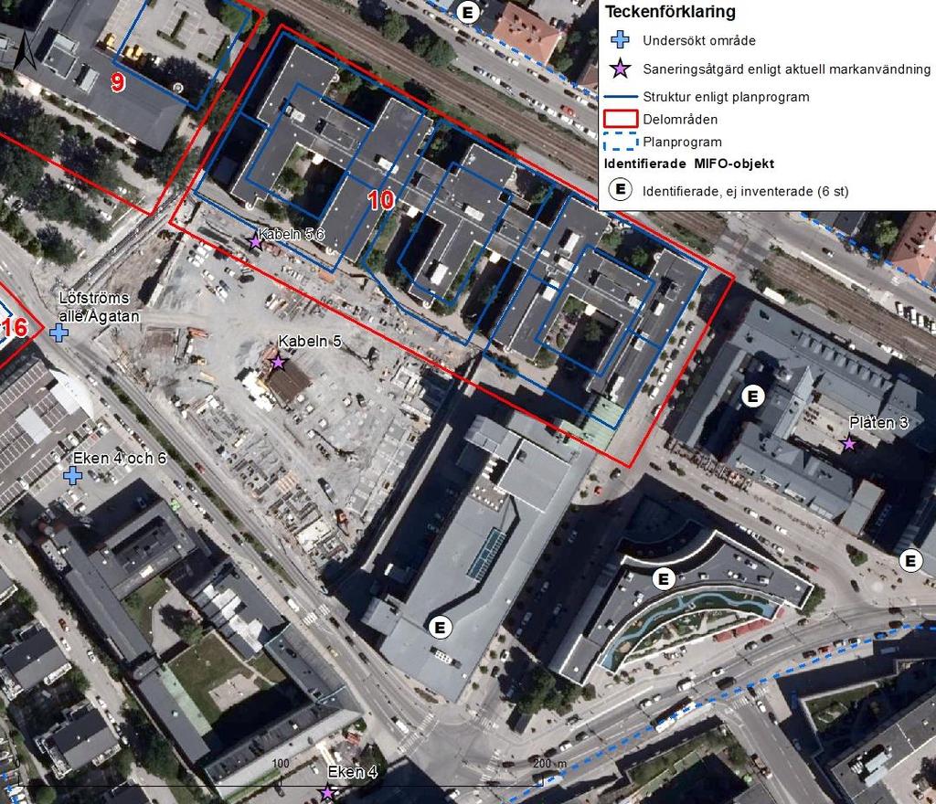 6.4 Delområde 10 Delområde 10 ingår i fastigheten Kabeln 6. Delområdet ingår troligtvis i området för Sieverts f.d. kabelfabrik och det kan inte uteslutas att föroreningar kan påträffas i mark och grundvatten inom området.