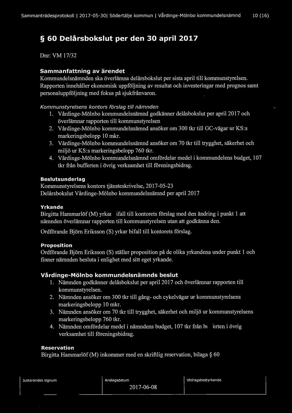 Sammanträdesprotokoll I 2017-05-301 Södertälje kommun I V~rdinge-Mölnbo kommundelsnämnd 10 (16) 60 Delårsbokslut per den 30 april 2017 Dnr: VM 17 /32 Sammanfattning av ärendet Kommundelsnämnden ska