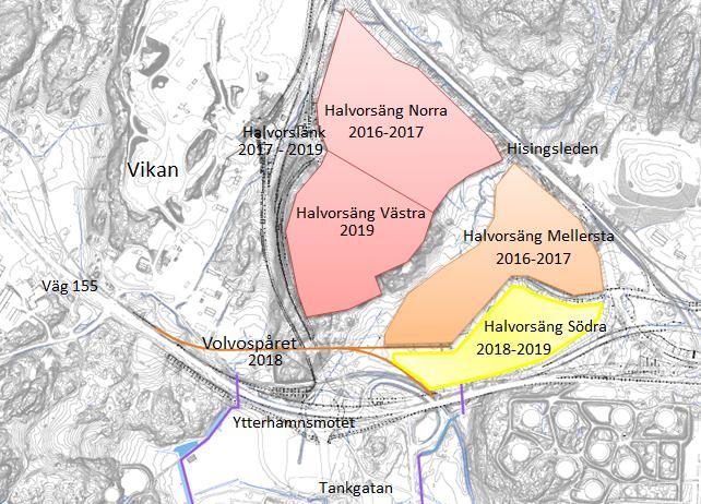 Figur 1: Preliminär utbyggnadsordning för Halvorsängs detaljplaneområde med trafikleder.