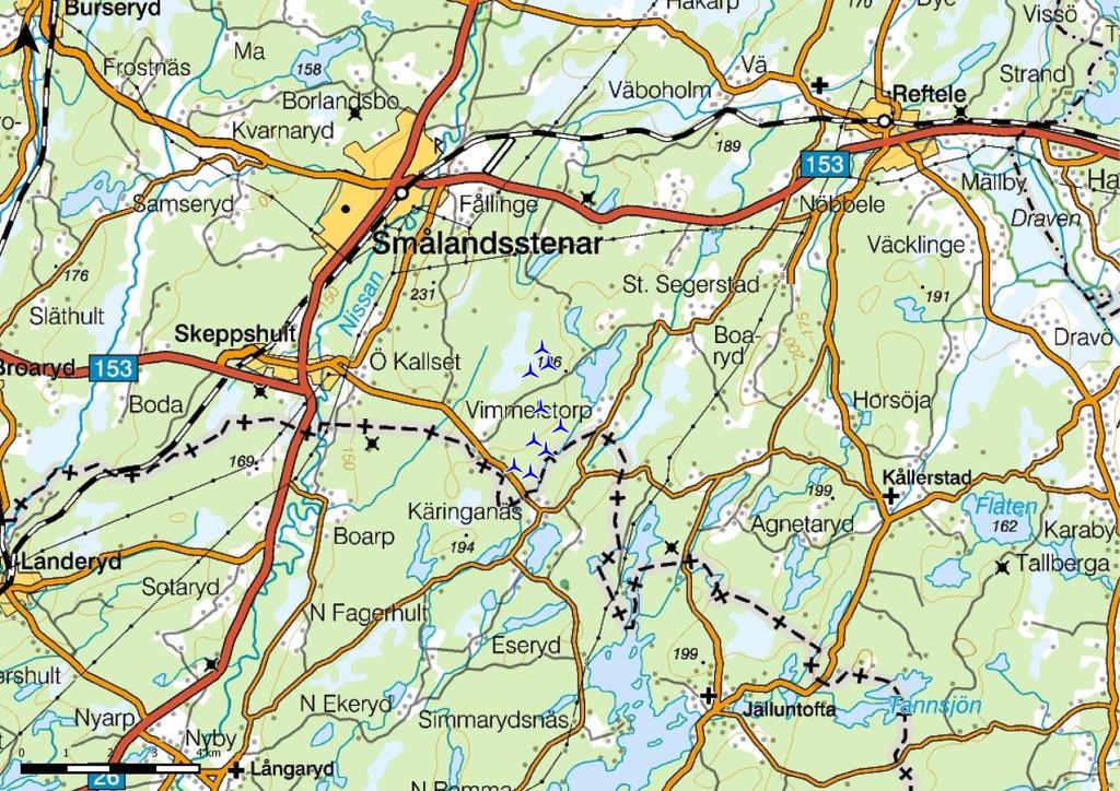2 Lokalisering och utformning Sökanden önskar att etablera nio vindkraftverk ca 5 km öster om Skeppshult och 5 km sydöst om Smålandsstenar.