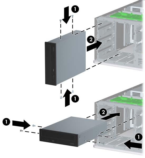 7. Sätt in två styrskruvar i de nedre hålen på varje sida av enheten (1). OBS! Optiska enheter, diskettenheter och mediekortläsare använder metriska M3-styrskruvar.