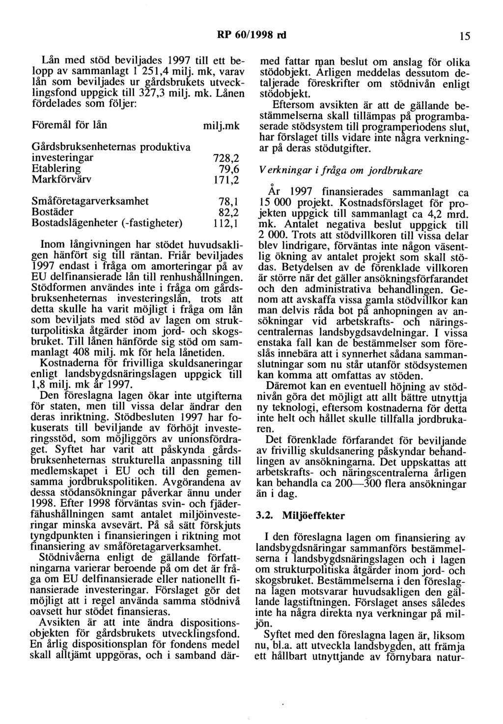 RP 60/1998 rd 15 Lån med stöd beviljades 1997 till ett belopp av sammanlagt l 251,4 milj. mk,