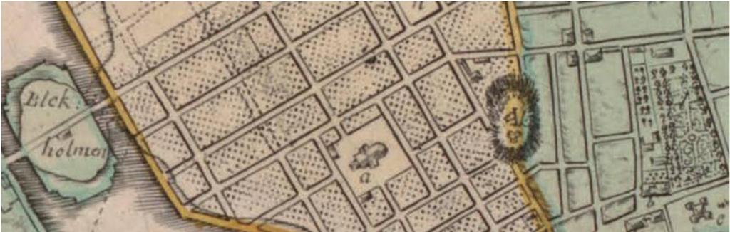16(57) Figur 5.1.3. 1751 års karta över Stockholm (från Stockholmskällan). Rutnätsstaden enligt 1600-talets ideal är långt utvecklad på Nedre Norrmalm. Röd ring markerar läget för Orgelpipan 6.