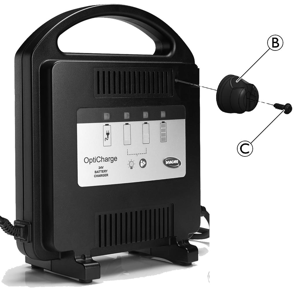 Invacare OptiCharge Montera på bord 3 Inställningar 3.1 Montera batteriladdaren Batteriladdaren kan stå på sina gummifötter på en plan yta eller monteras i golvet eller på väggen.