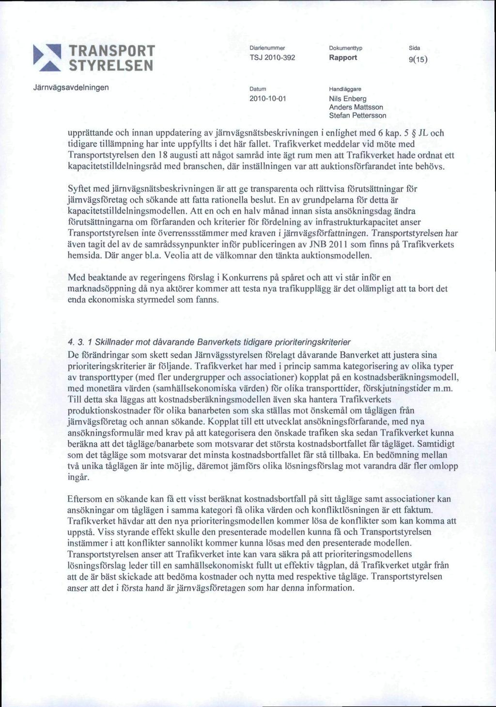 ? T D A M C D f l D T Diarienummer Dokumenttyp Sida TSJ 2010 392 Rapport sds) upprättande och innan uppdatering av järnvägsnätsbeskrivningen i enlighet med 6 kap.
