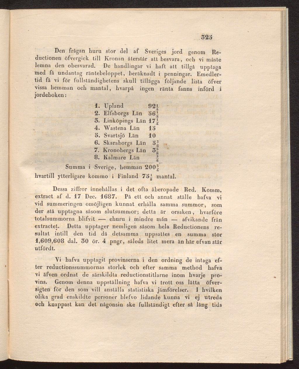 323 Den frågan huru stor del af Sveriges jord genom Reductionen öfvergick till Kronan återstår alt besvara, och vi måste lemna den obesvarad.
